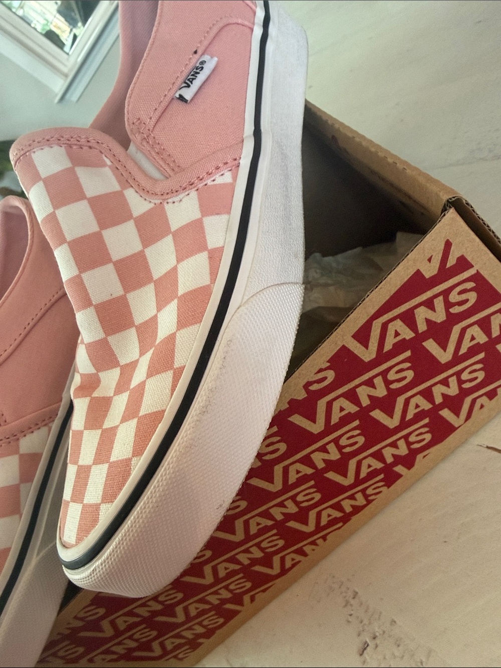 Vans Pink & White Checkerboard Slip-On Sneakers - Picture 8 of 10